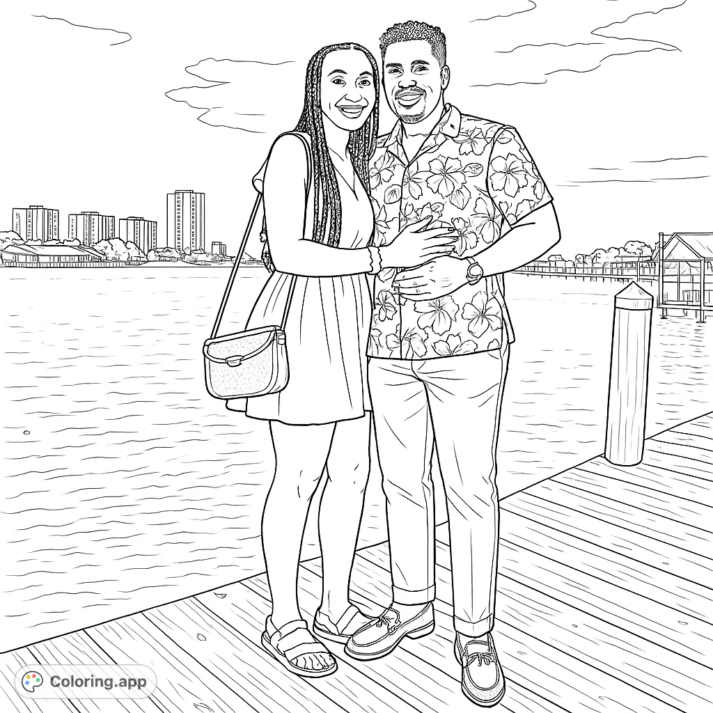 Capture a heartwarming moment with this happy couple on a pier. A perfect scene for expressing connection and joy by the water, ready for your creative touch.