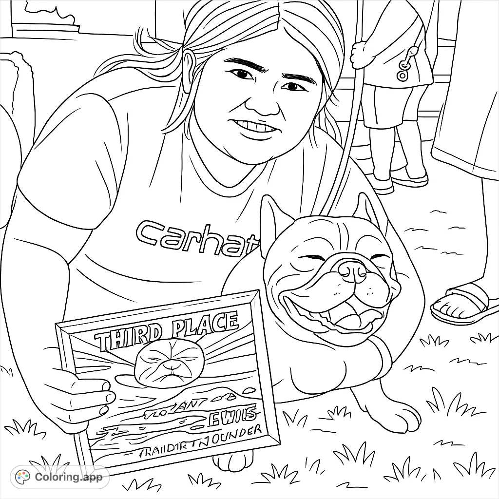 Celebrate a winning moment with this happy bulldog and its handler. A charming free printable coloring page for pet lovers and aspiring champions.
