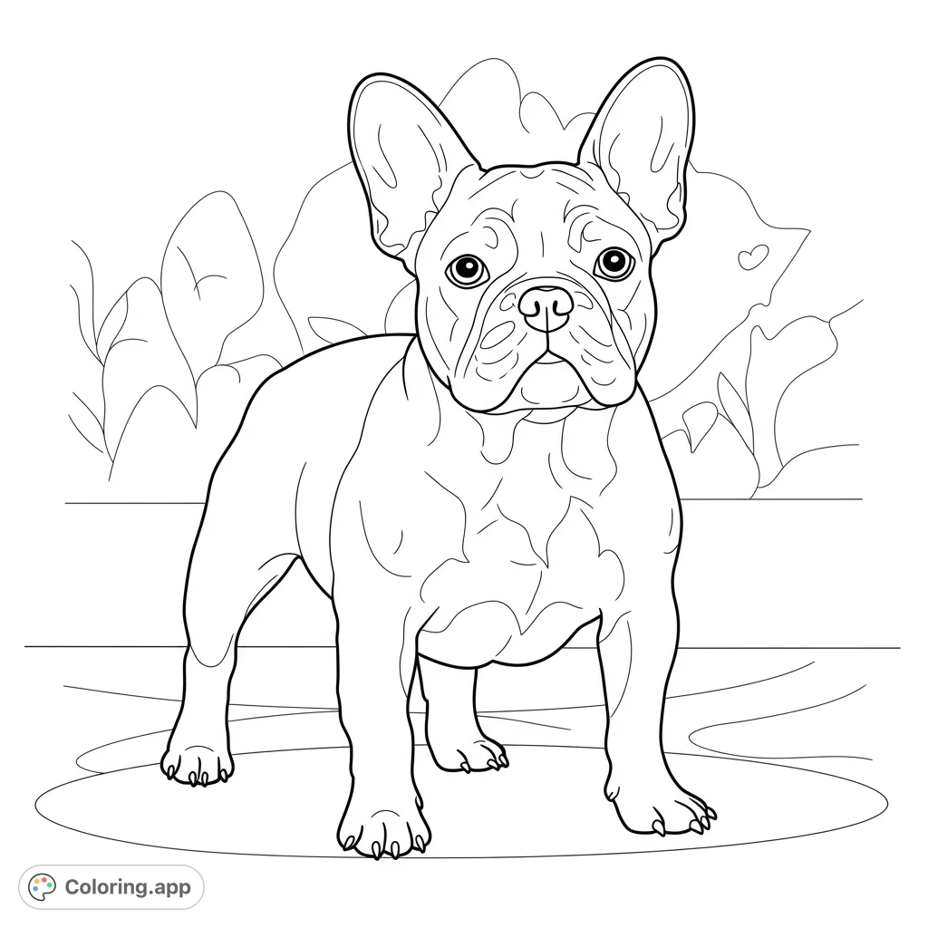 Capture the charm of a French Bulldog with this delightful coloring page. Features its iconic bat ears, wrinkled face, and compact build, perfect for pet lovers.