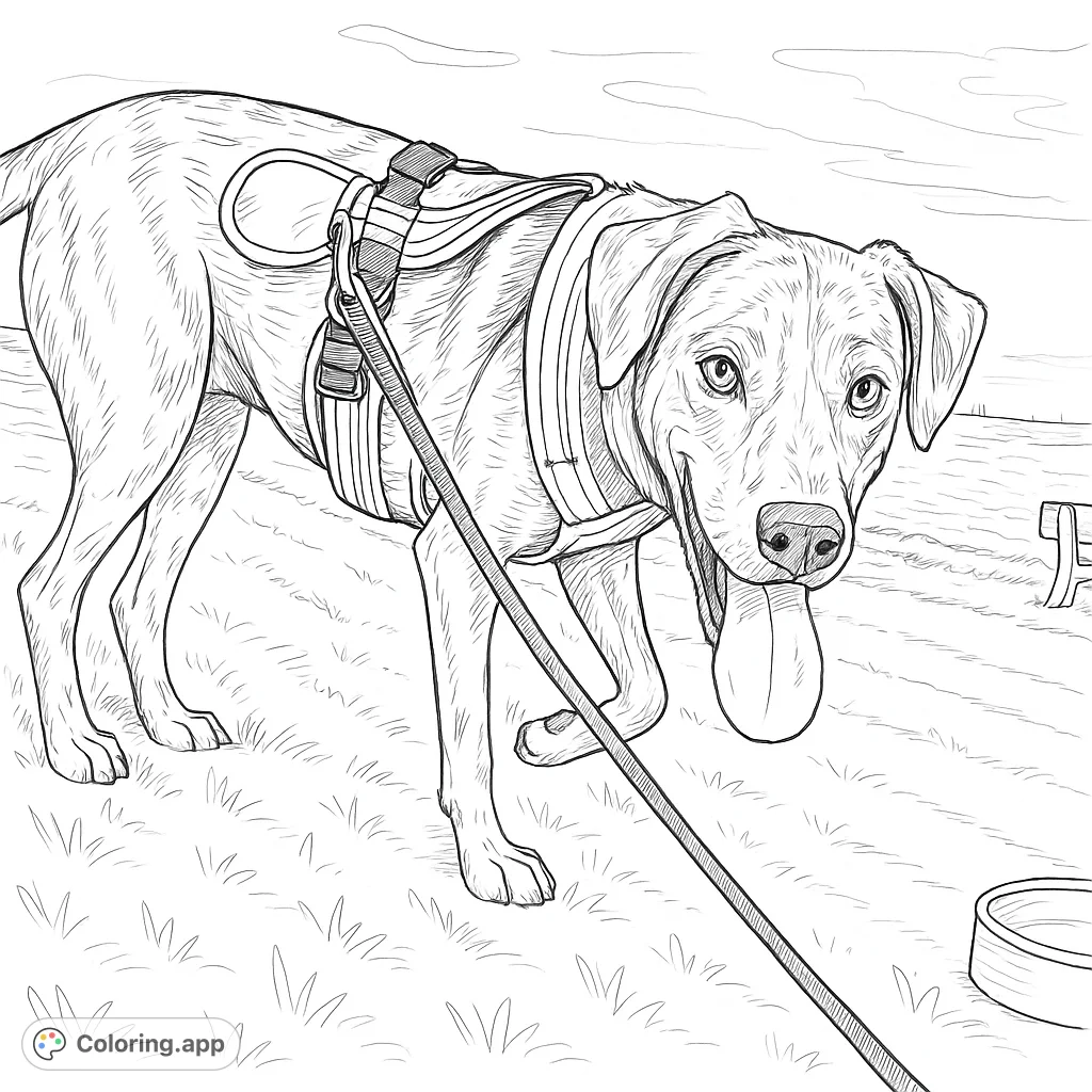 A charming brindle dog in a harness stands on a grassy hill overlooking a vast body of water with distant wind turbines. Perfect for dog lovers!