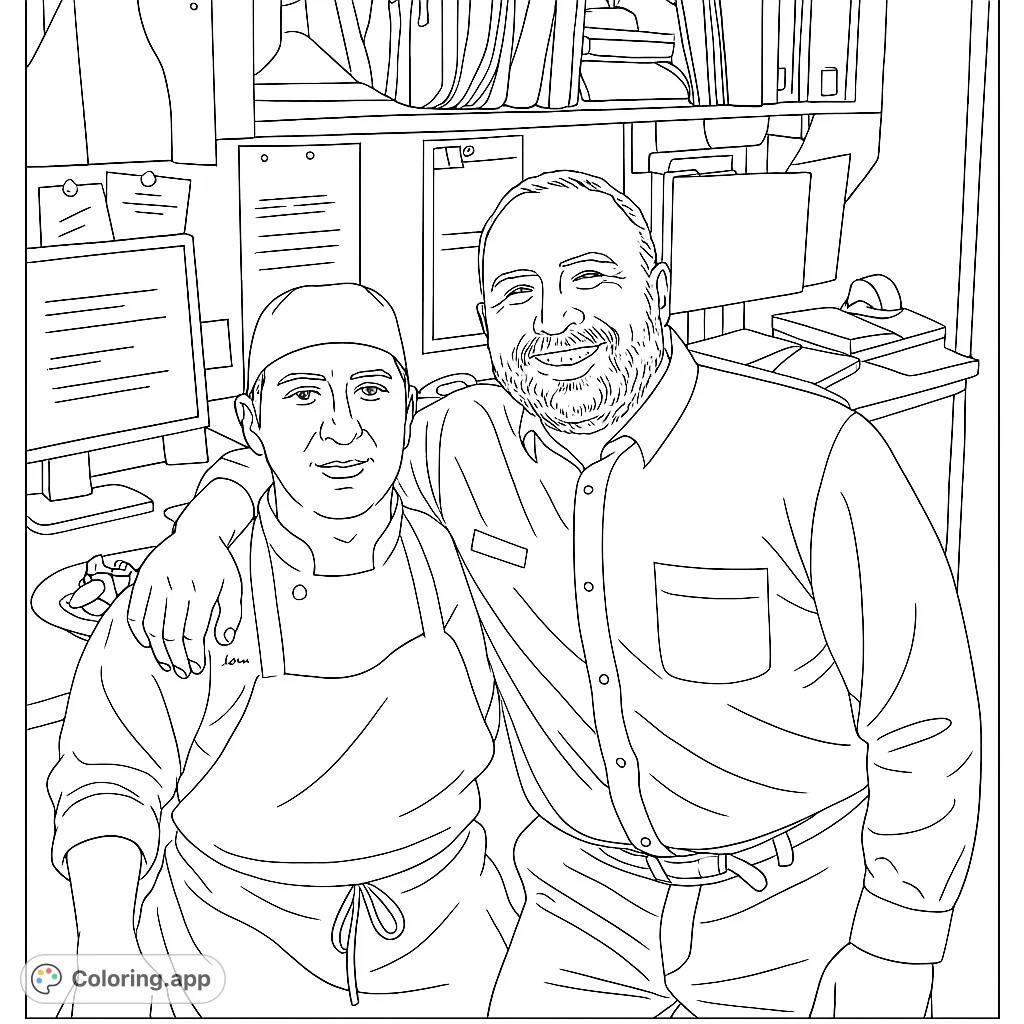 A heartwarming portrait of two culinary colleagues, a chef and a manager, smiling in their professional kitchen or office setting. Perfect for food enthusiasts.