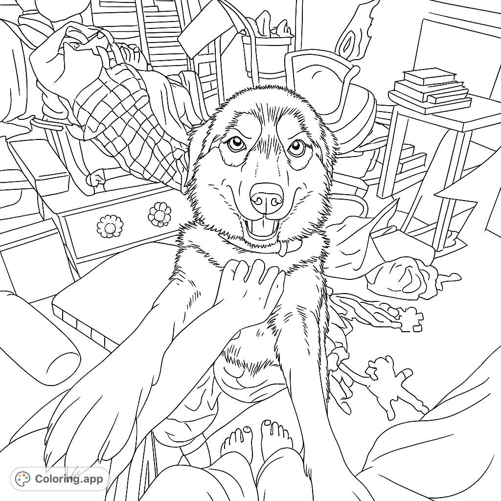 A heartwarming coloring page featuring a happy dog with extended paws, being gently petted by a human hand, set in a cozy indoor scene.