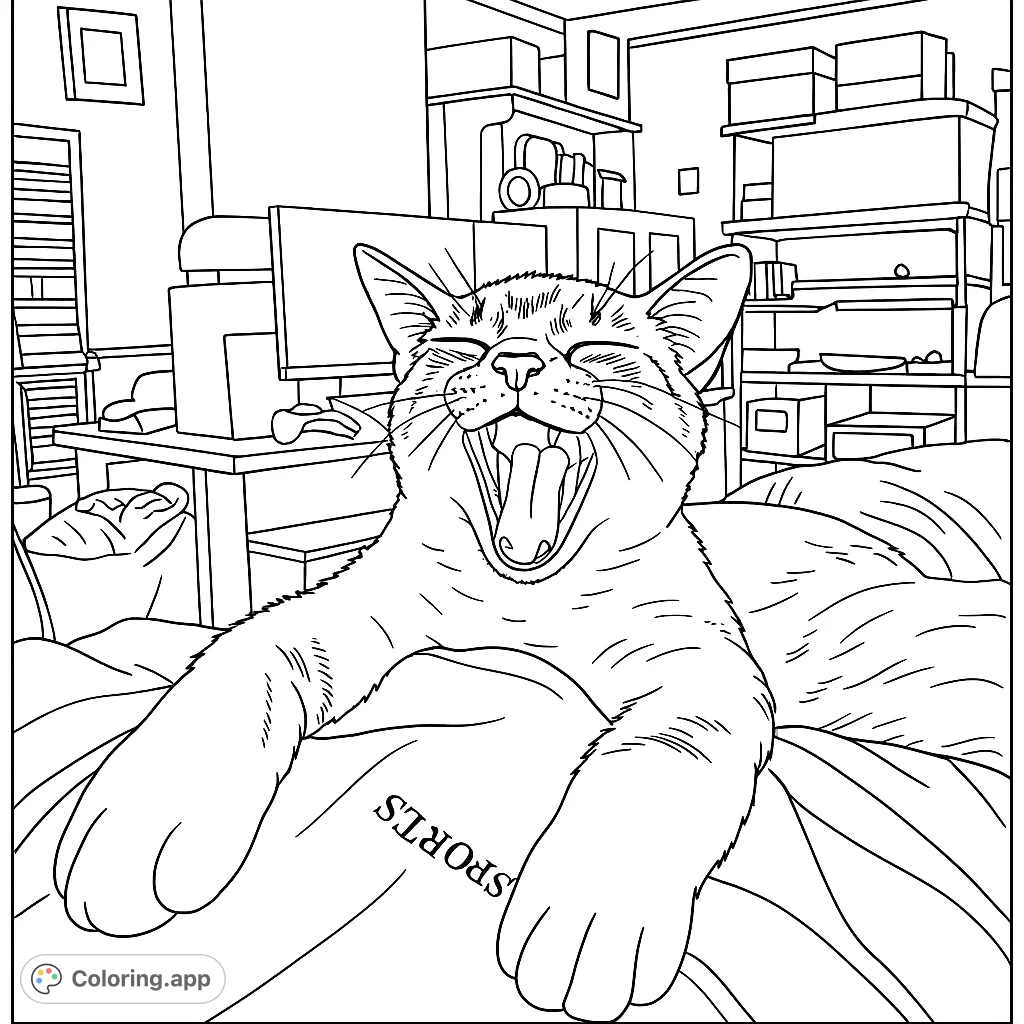 Capture a charming yawning cat in a cozy indoor setting. This free printable cat coloring page offers delightful details for all ages.