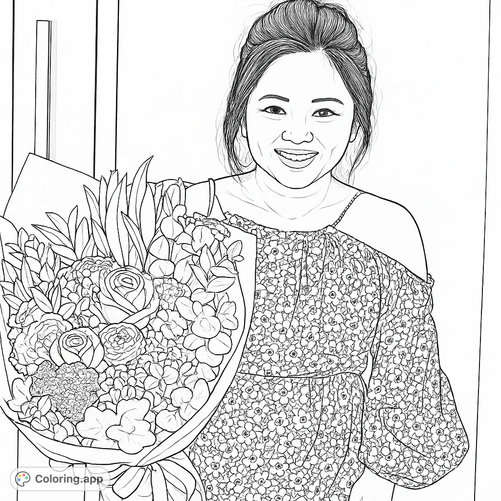 A joyful woman holds a beautiful, abundant floral bouquet, perfect for celebrating special moments and adding your personal touch to a lovely scene.