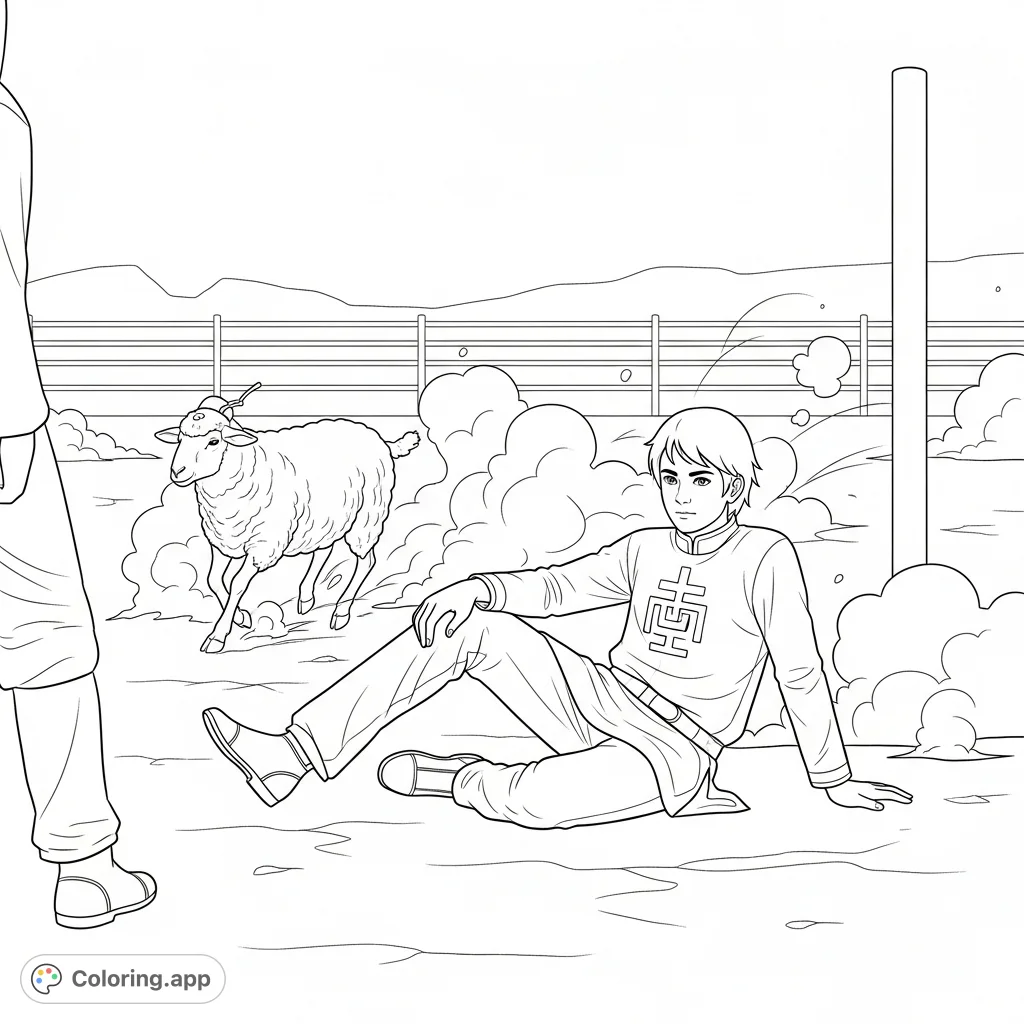 Discover a dynamic arena scene featuring a seated individual, a running sheep, and rising dust plumes. A simple, engaging coloring page for all ages.