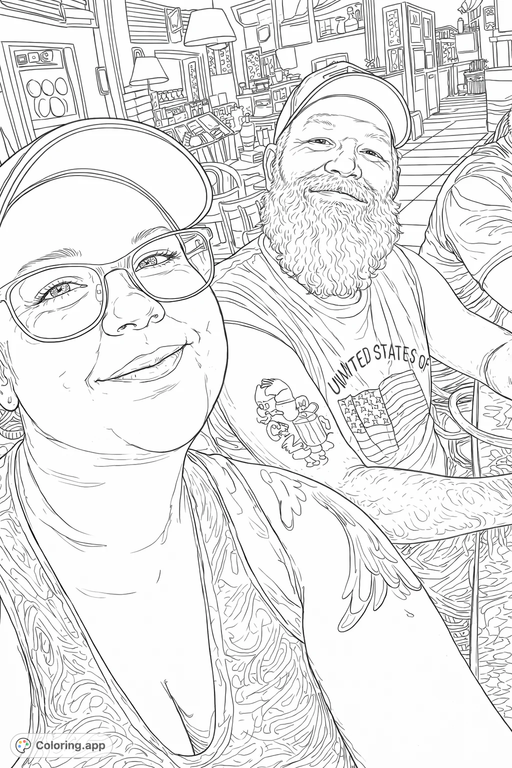 Color a realistic portrait of a man with a full beard and flag shirt, alongside a spectacled companion. An intricate design perfect for detailed expression.