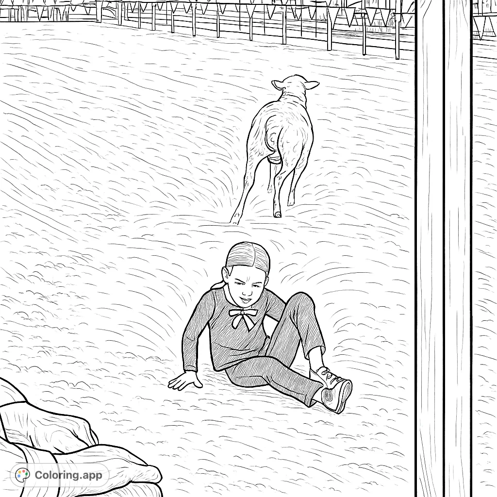 An intricate hand-drawn sketch of a sheep running past a person sitting in a dusty arena, surrounded by detailed patterns. Perfect for an engaging coloring experience.