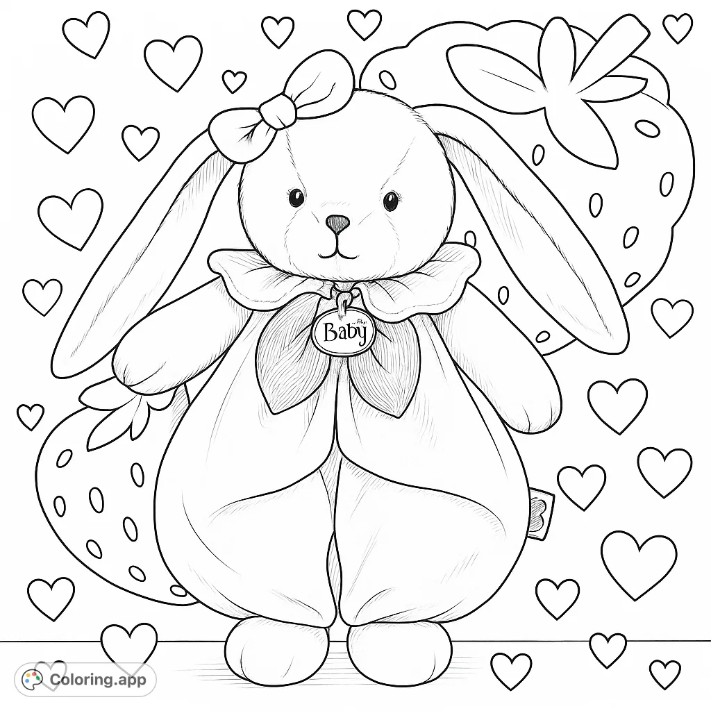 Adorable bunny plush with a bow and ruffled collar, set against a stylized berry background. Features intricate details and decorative heart patterns.