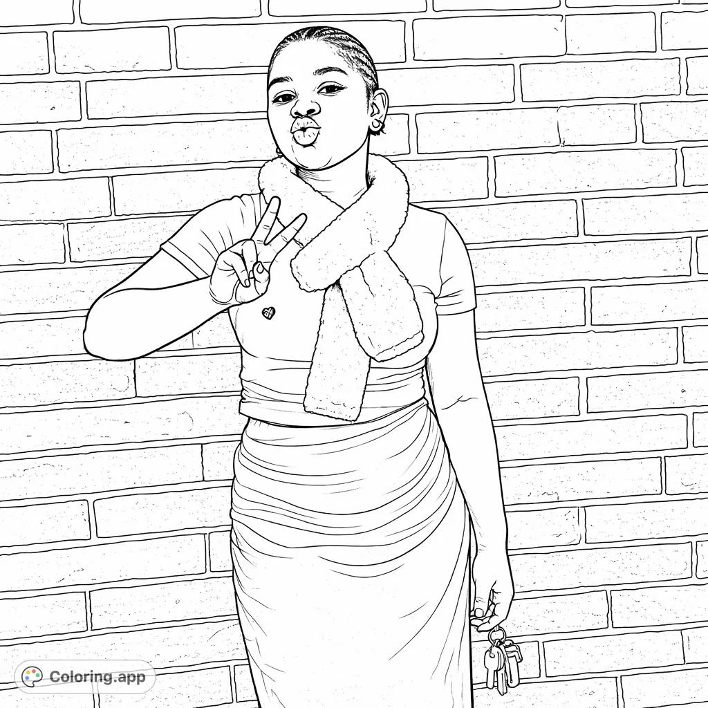 A trendy young woman strikes a playful pouting pose and peace sign against a textured brick wall, wearing a fuzzy scarf and ruched skirt.