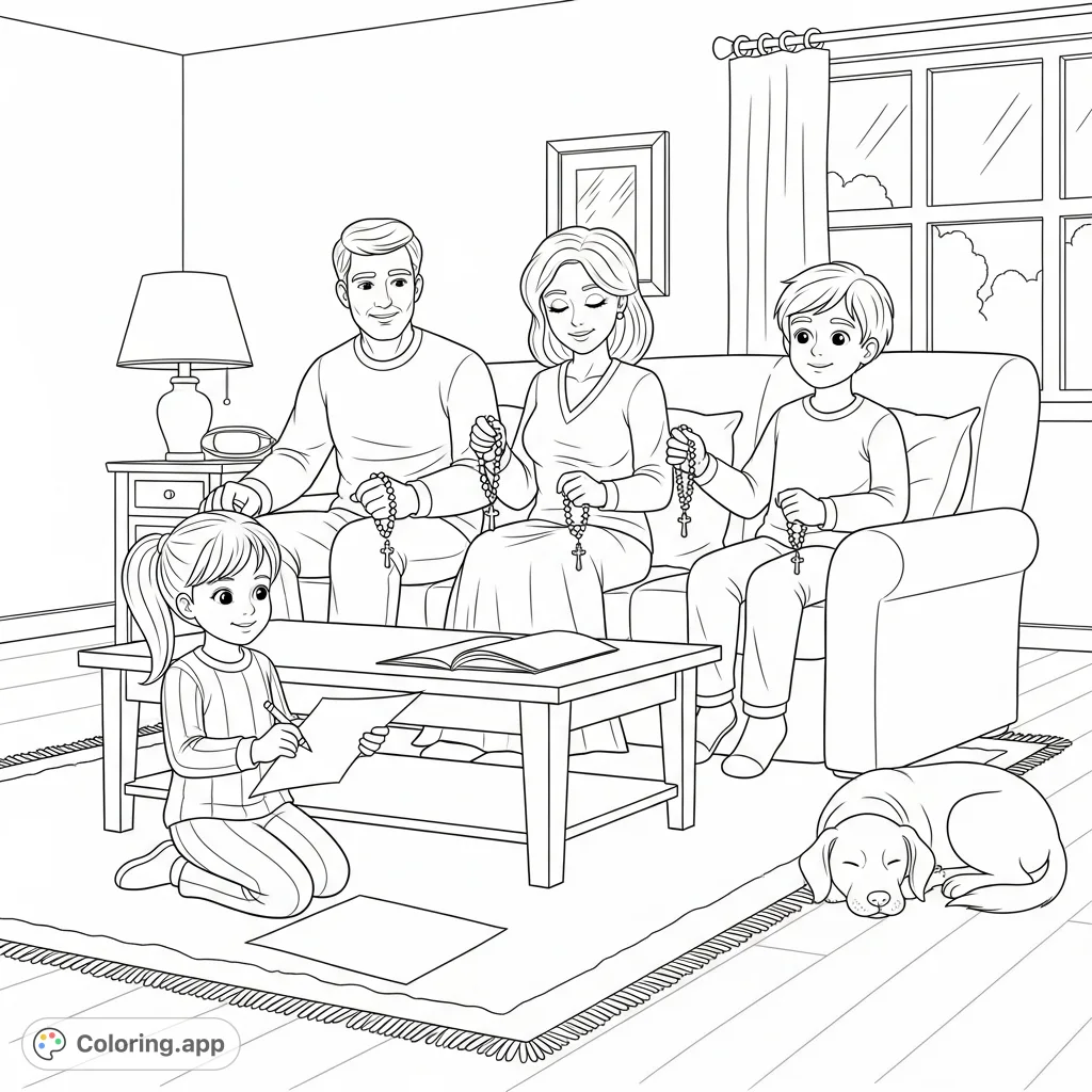 A heartwarming family prayer scene featuring parents, two children, and their dog in a cozy living room, perfect for quiet reflection and coloring.