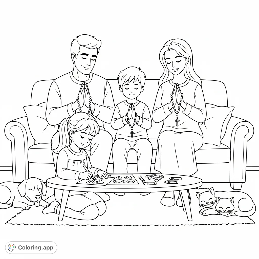 A heartwarming family prayer scene featuring parents, children, and pets, perfect for quiet reflection and creative expression.