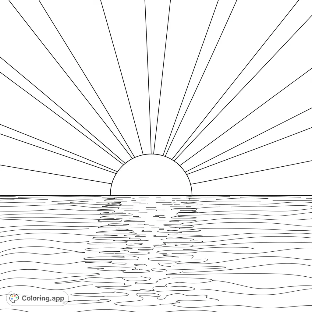 A serene ocean scene at sunset with a large sun descending and prominent rays reflecting on the water, perfect for a relaxing coloring experience.
