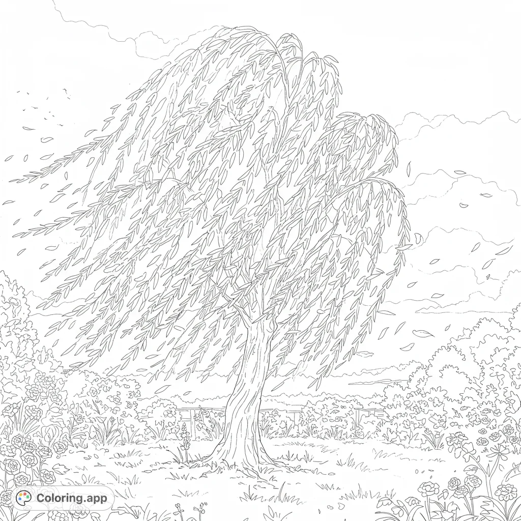 Experience the serene beauty of a willow tree swaying gracefully in a gentle garden breeze. A free printable nature coloring page for all ages.