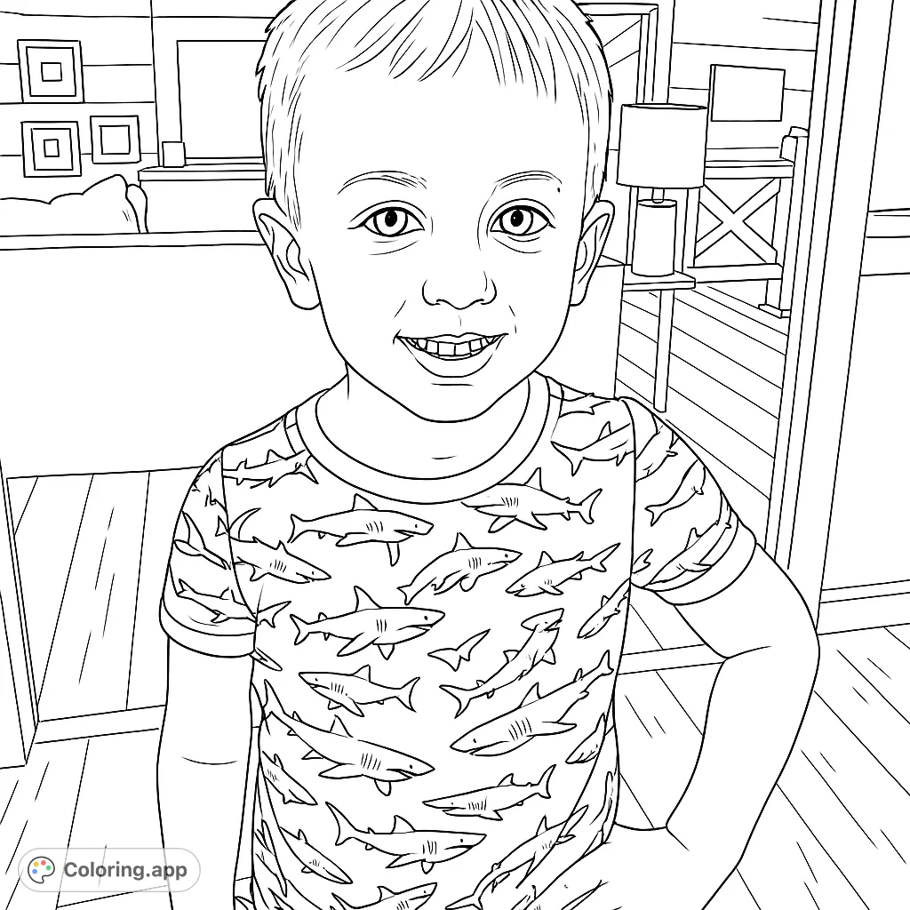 A cheerful child wearing a shark-patterned shirt, ready for a fun coloring adventure. Perfect for kids who love marine life.