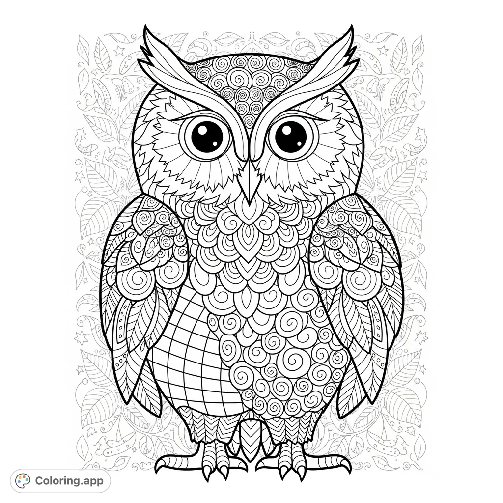 Dive into a world of intricate patterns with this detailed zentangle owl. Perfect for teens, it offers a meditative coloring experience with complex designs.