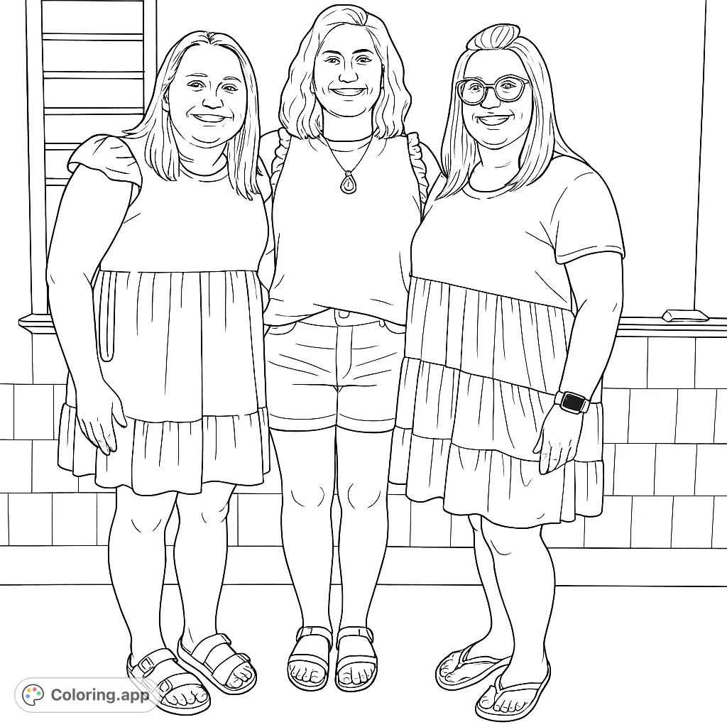 Color a friendly group portrait featuring three smiling women in a classroom setting. A perfect free printable for all ages.