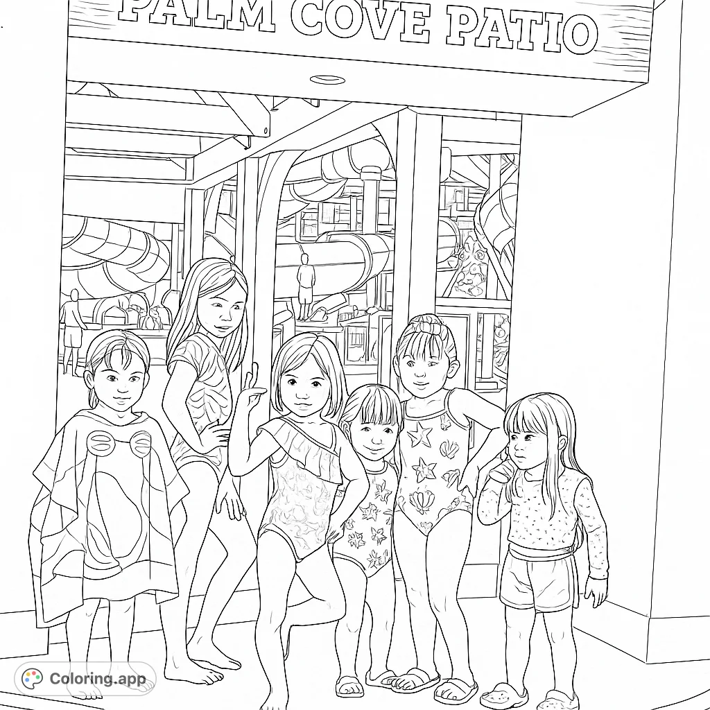 Dive into a fun water park adventure with six cheerful girls ready for a splash! Perfect for summer-themed coloring.