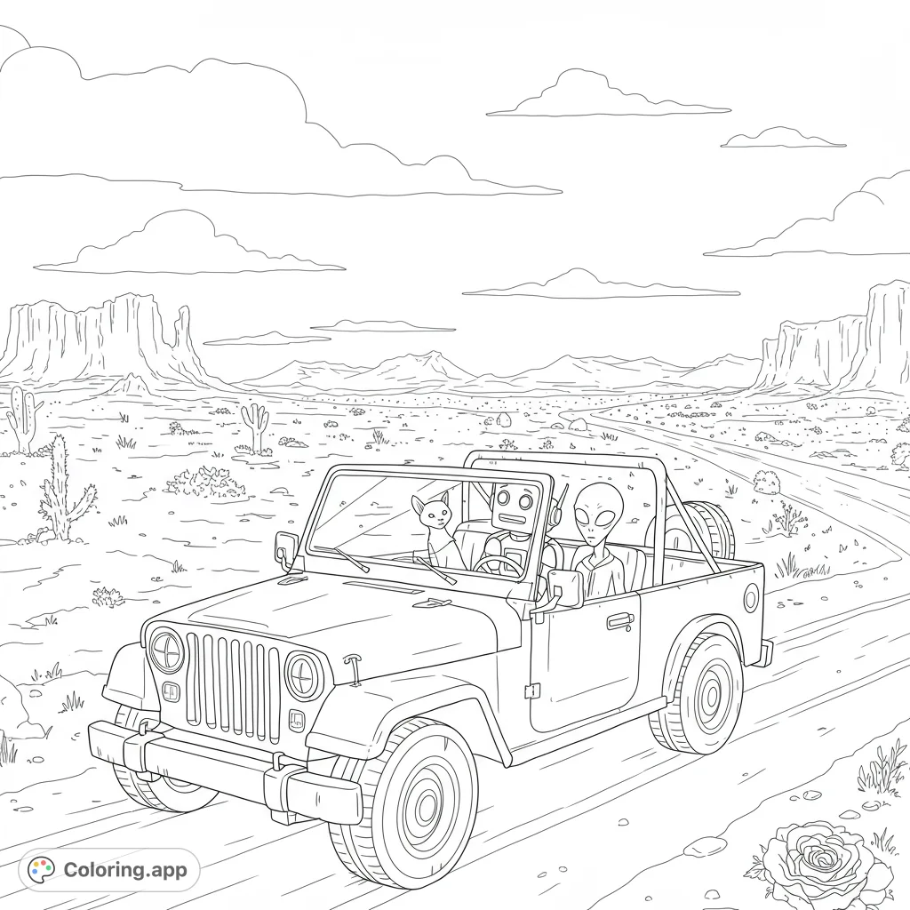 Join a robot, alien, and cat on an epic road trip in their jeep, exploring a vast, open landscape. A fun, free printable adventure!