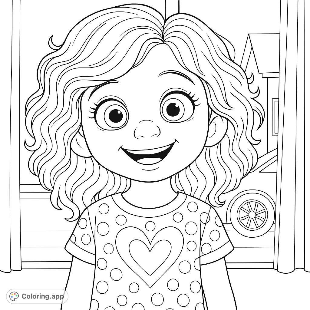 A delightful coloring page featuring a cheerful cartoon girl with a big smile and wavy hair, wearing a top with a fun heart and dot pattern.