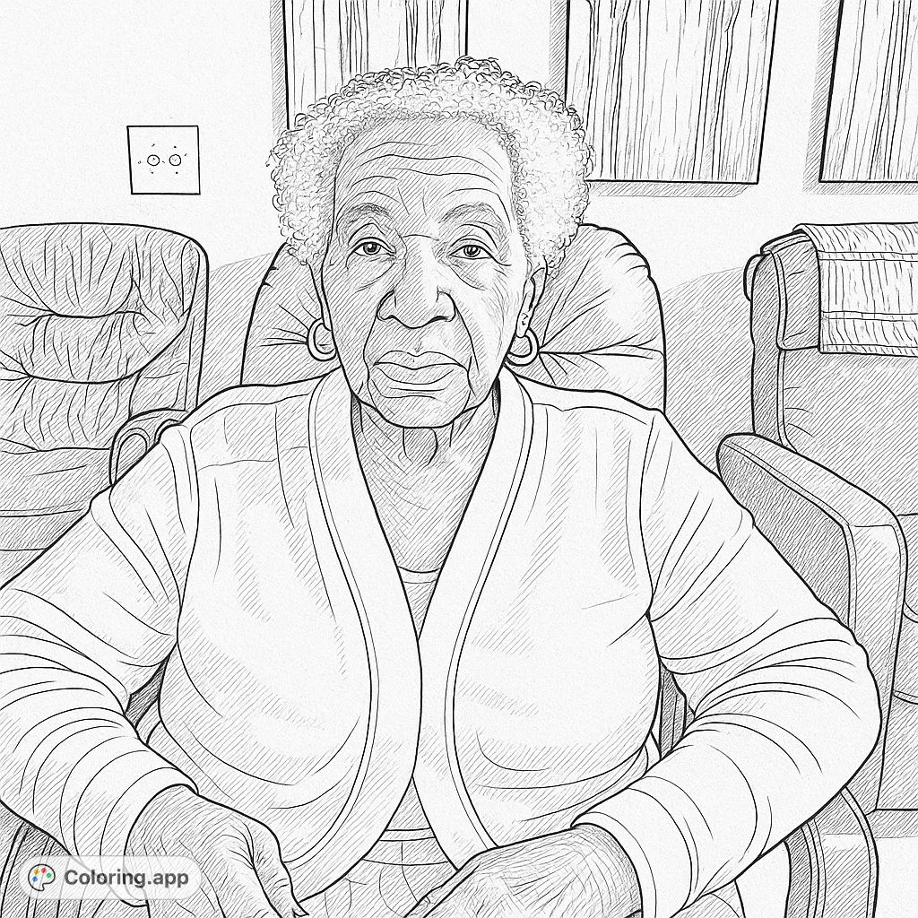 Capture the wisdom and warmth of an elderly woman in this detailed portrait coloring page. Perfect for mindful coloring and honoring cherished figures.