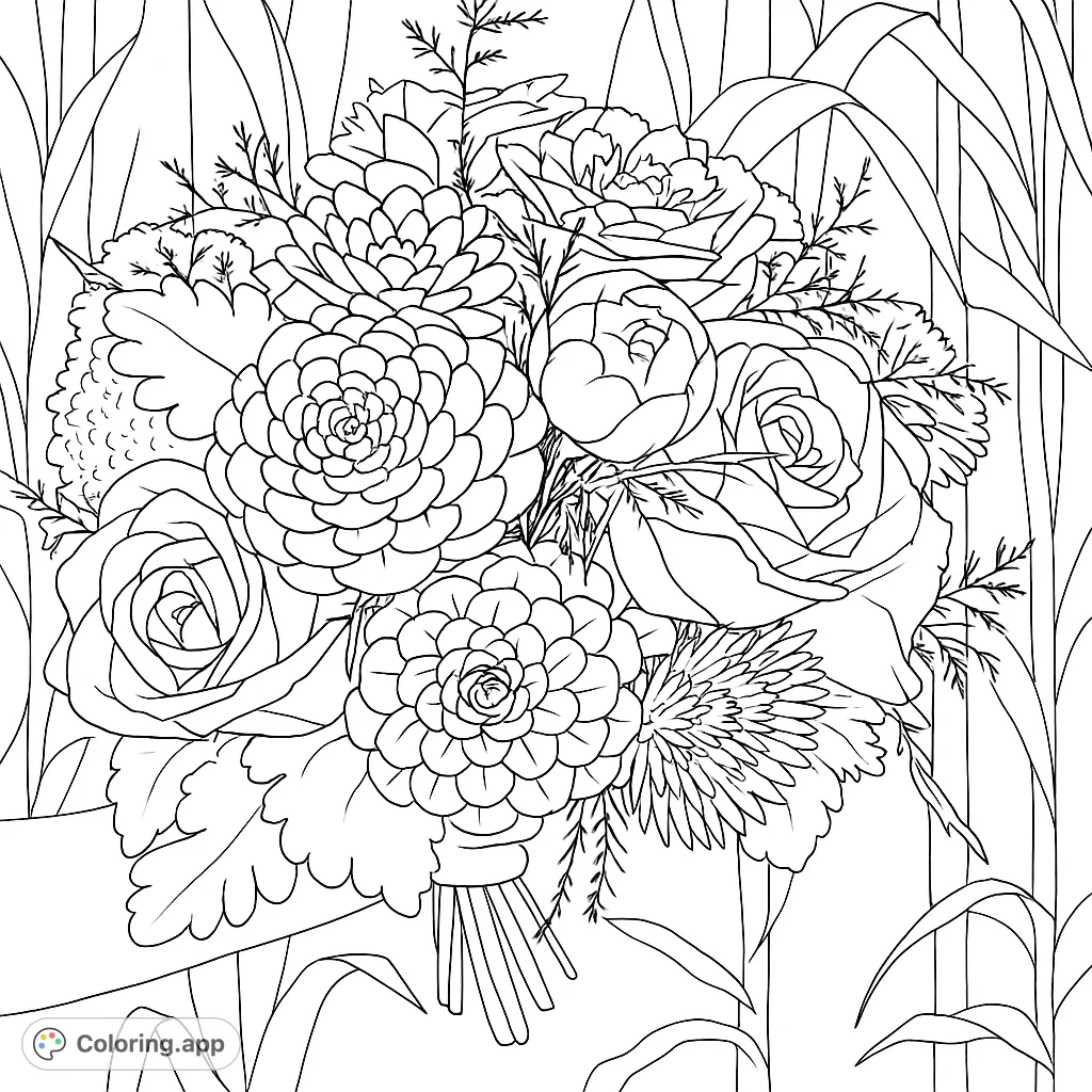 A beautiful, intricate floral bouquet featuring various detailed blooms and foliage, perfect for a relaxing and creative coloring experience.