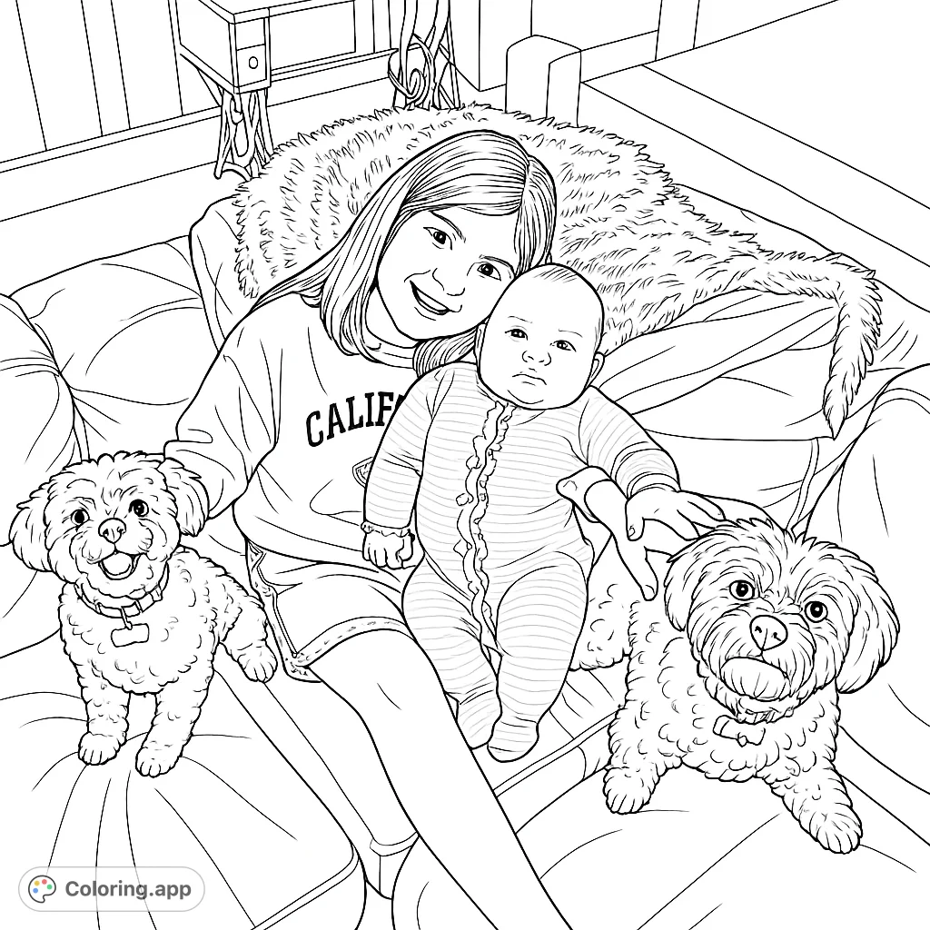 A heartwarming scene featuring a girl, a baby, and two dogs on a cozy couch. Perfect for family-themed coloring fun and relaxation.