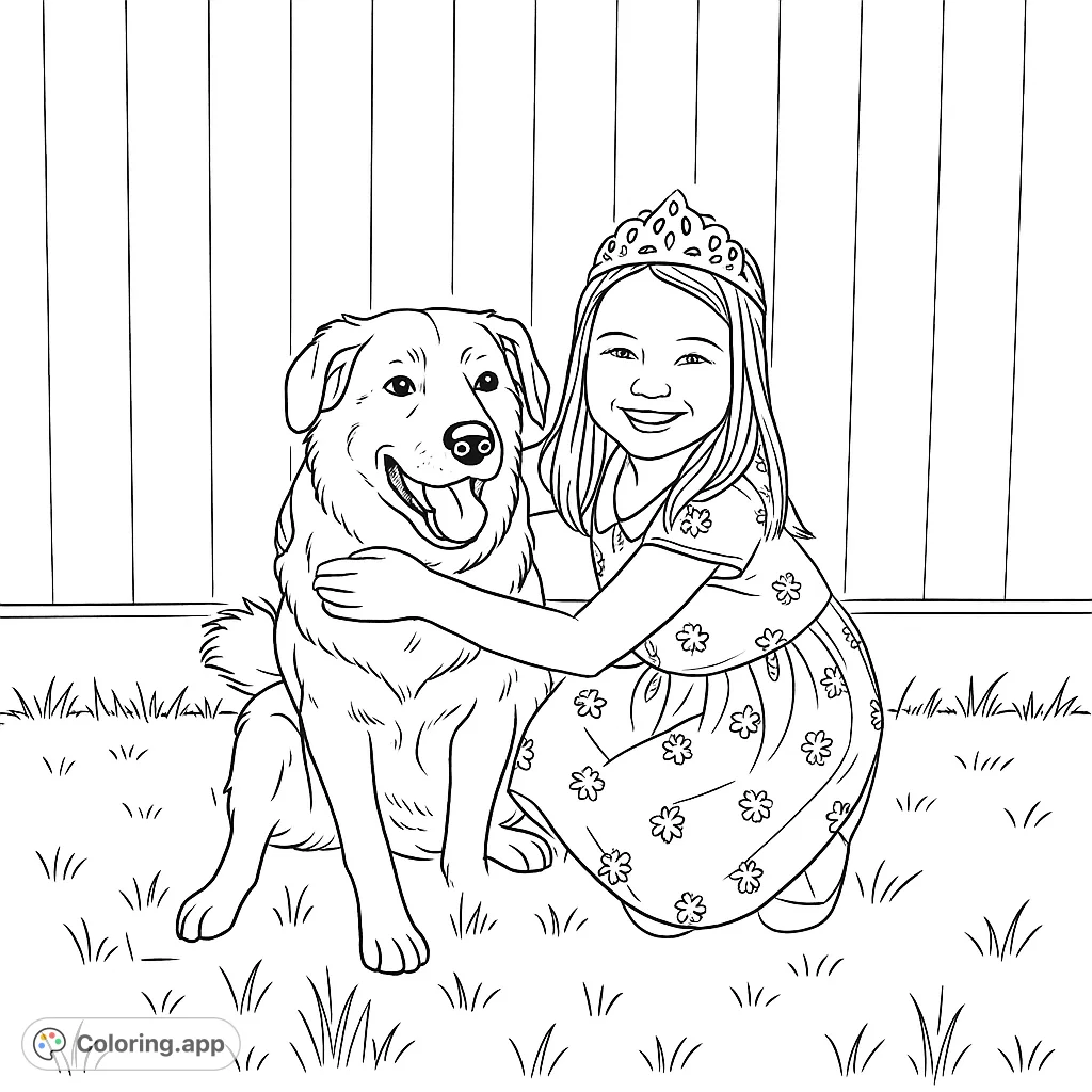 A heartwarming scene of a young girl in a crown hugging her loyal dog. Perfect for kids who love pets and princesses.