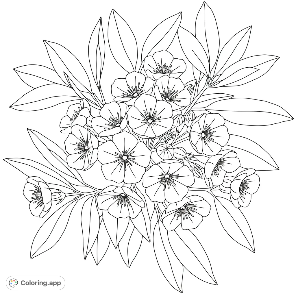 Discover the beauty of Mountain Laurel with this detailed Kalmia latifolia coloring page, featuring its unique cup-shaped flowers and lush leaves.