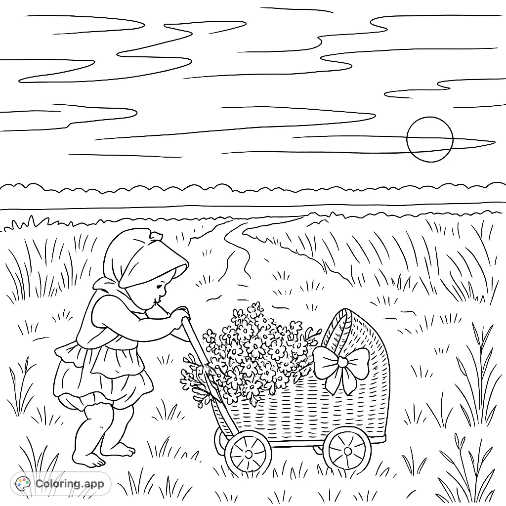 A delightful coloring page featuring a child pushing a flower-filled wicker pram through a grassy field under a serene sky. Perfect for gentle creativity.