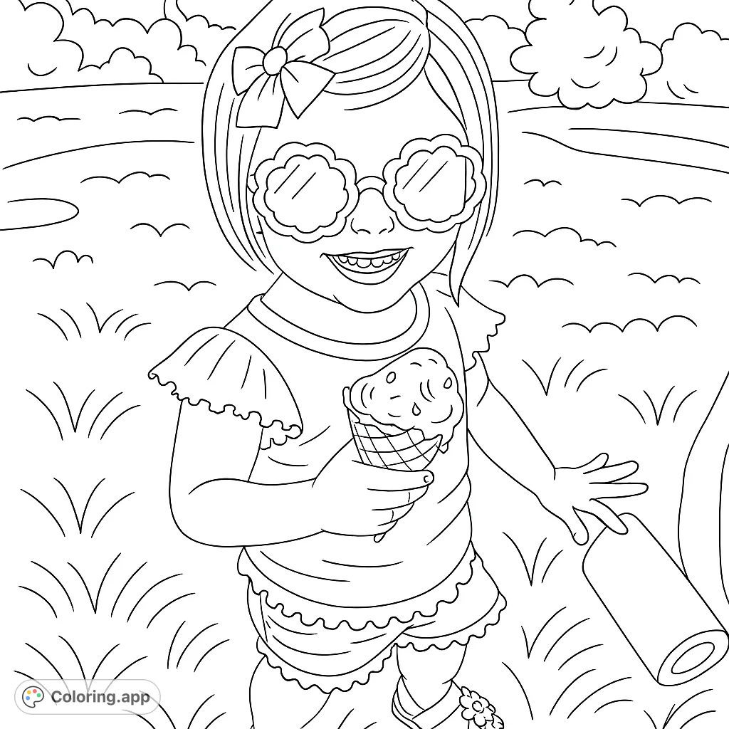 Adorable toddler enjoying an ice cream cone outdoors, wearing fun flower sunglasses and a bow. A sweet summer scene for coloring.
