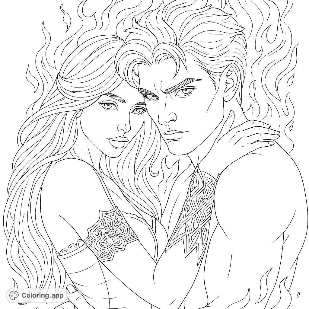 A passionate couple embraced amidst swirling, dynamic flame-like forms. Perfect for adult colorists seeking a dramatic and intricate design.