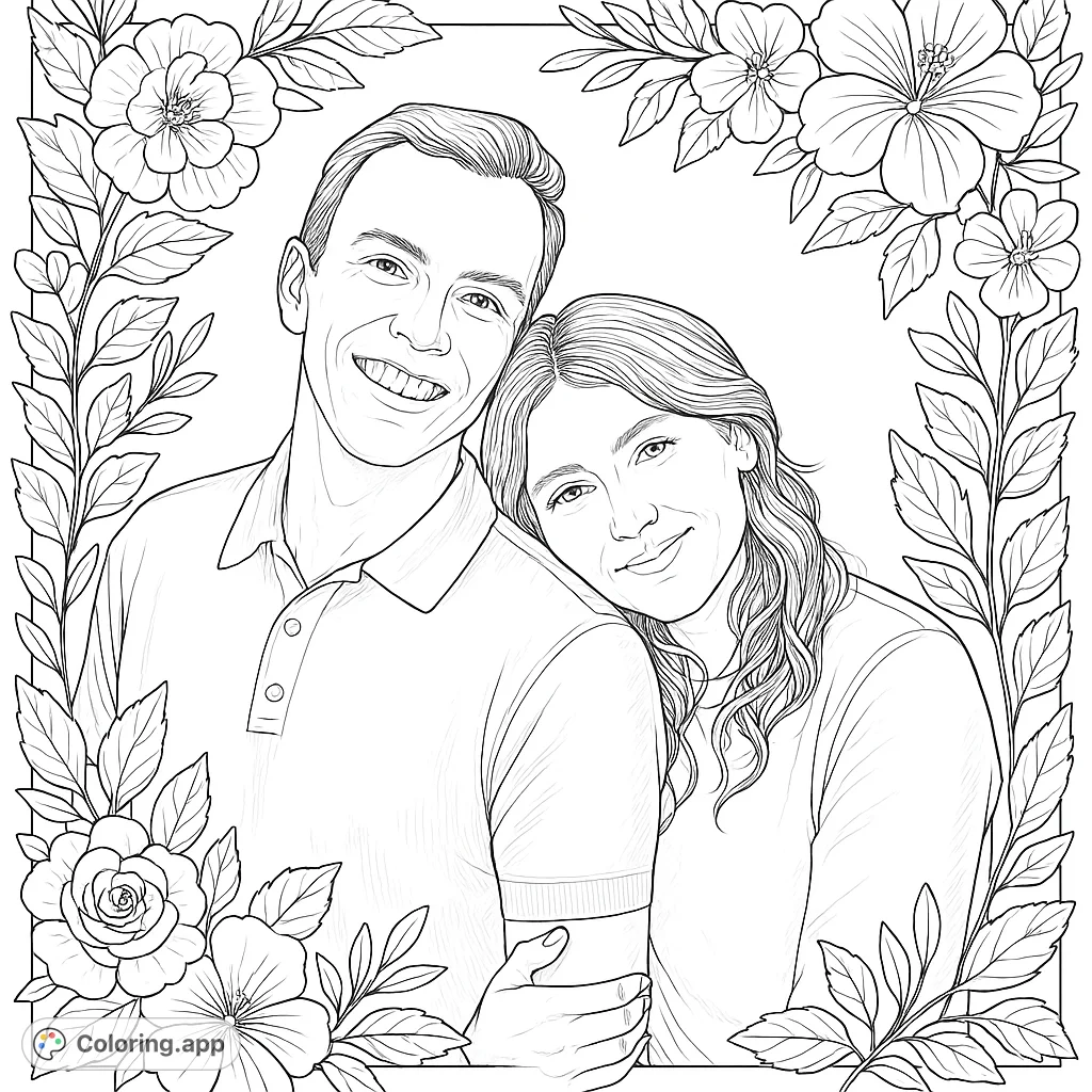 A heartwarming realistic portrait of a smiling couple, perfect for personalizing with intricate details and decorative floral borders. Free printable coloring page.
