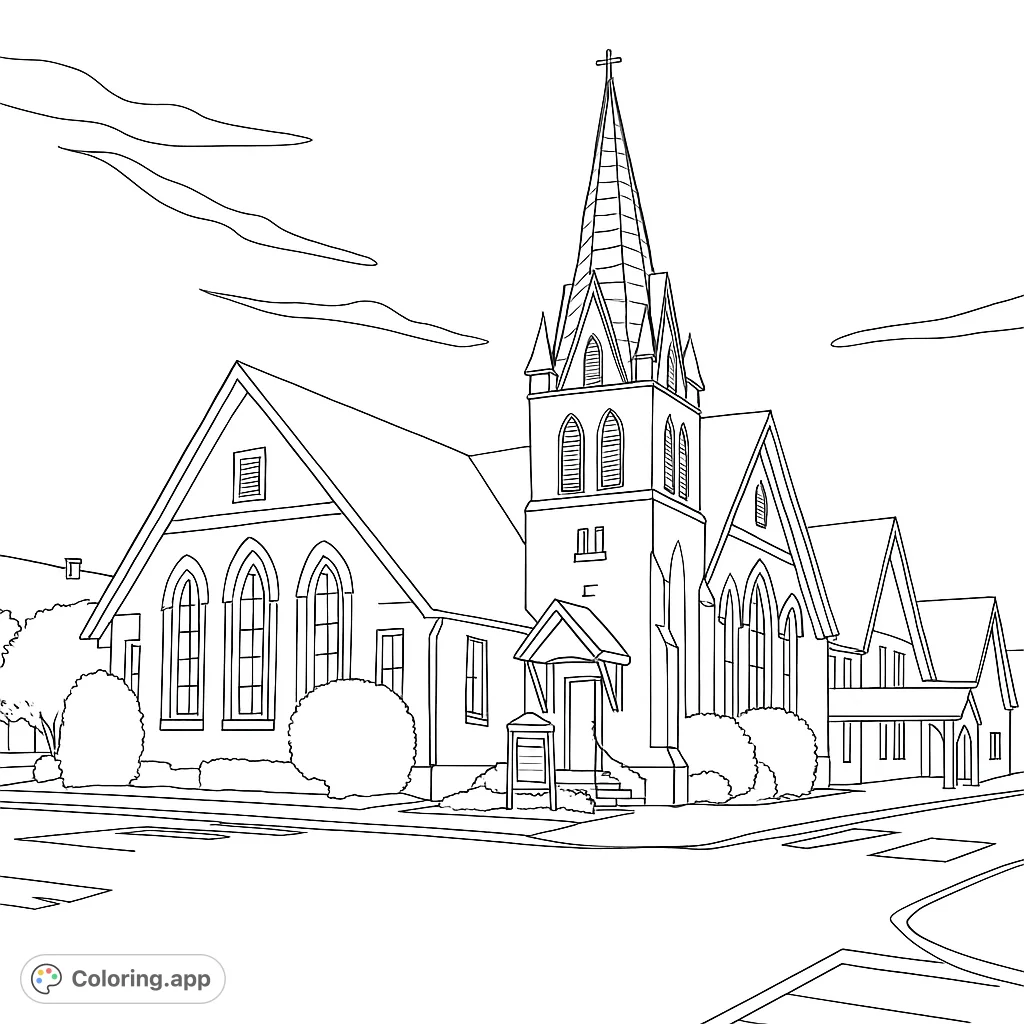 Color a majestic church with a tall steeple, arched windows, and intricate architectural details. A serene scene for mindful coloring.