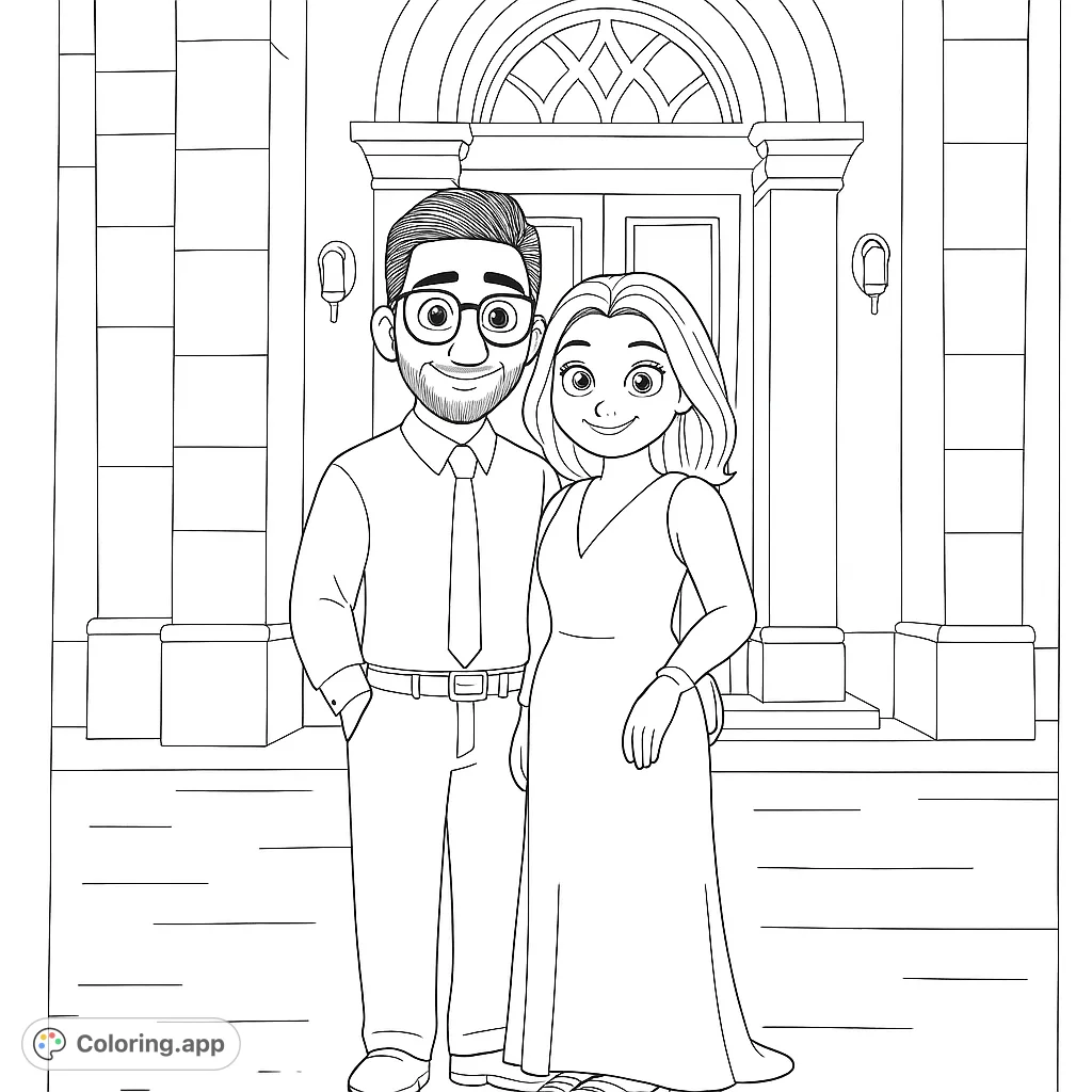 A delightful coloring page featuring a charming couple standing before a grand building, perfect for celebrating love and special moments with a touch of Disney magic.