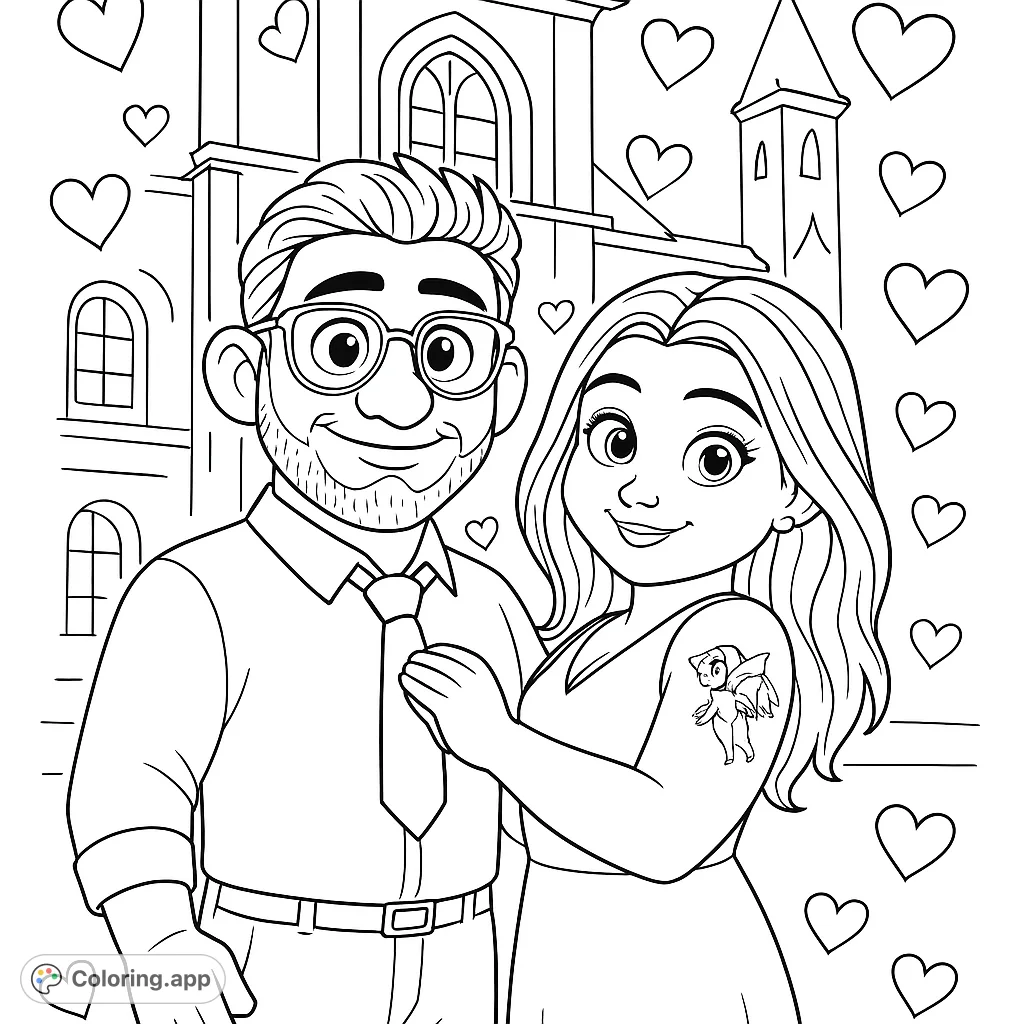 A charming animated couple in a Disney-inspired style, perfect for a romantic coloring adventure. Features moderate detail and a delightful hearts background.