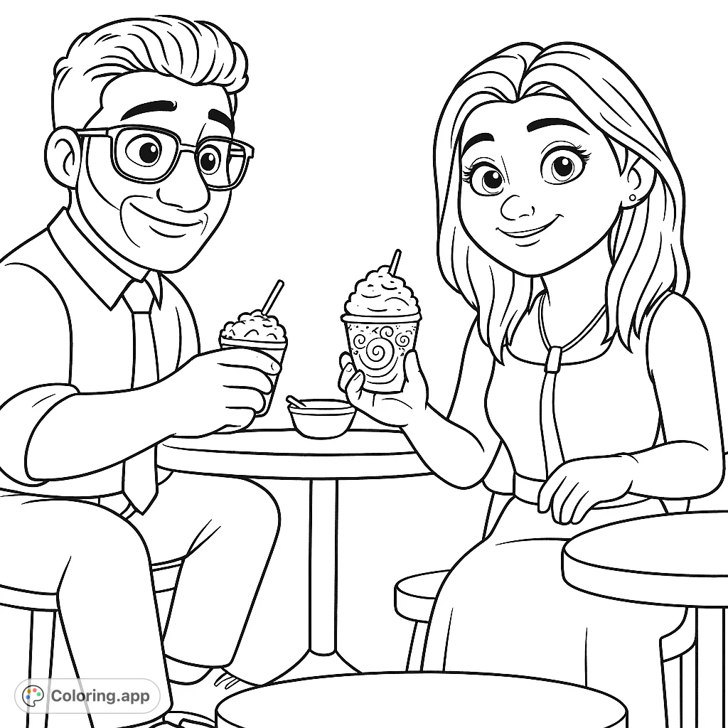 A charming Disney-style cartoon couple enjoys desserts at a cafe. Perfect for a delightful coloring experience, adding your own creative flair.