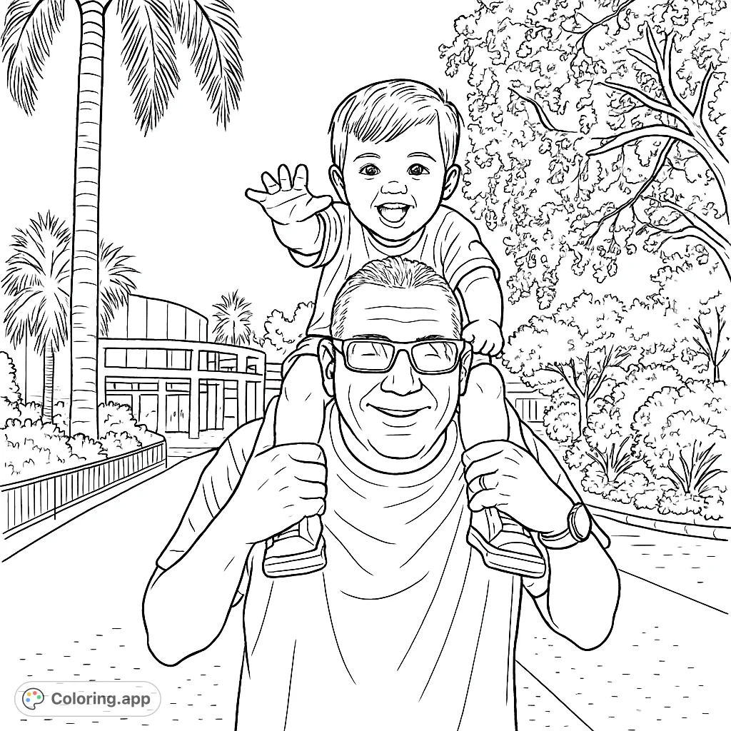 A heartwarming scene of a father giving his child a shoulder ride, capturing a joyful family moment outdoors. Perfect for a happy coloring experience.