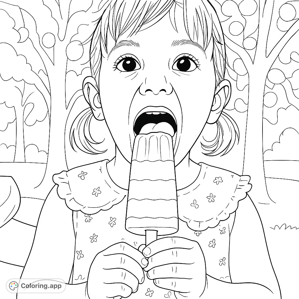 A joyful child enjoying a layered popsicle outdoors. Perfect for summer fun and sweet coloring adventures.
