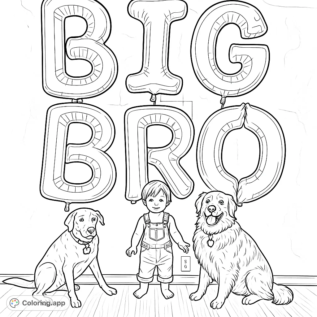 Celebrate a new family addition with this heartwarming Big Bro coloring page featuring a child, two dogs, and festive letter balloons.