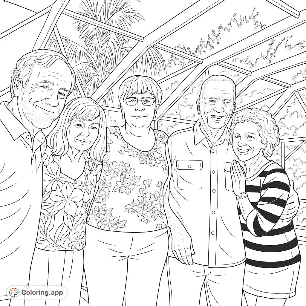 Capture cherished moments with this detailed family group portrait coloring page. Features five smiling individuals and a tropical pool enclosure background.