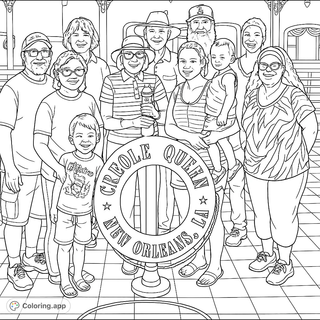 A joyful group portrait on a riverboat deck, featuring a prominent lifebuoy. Perfect for a family-themed coloring page, capturing travel memories.