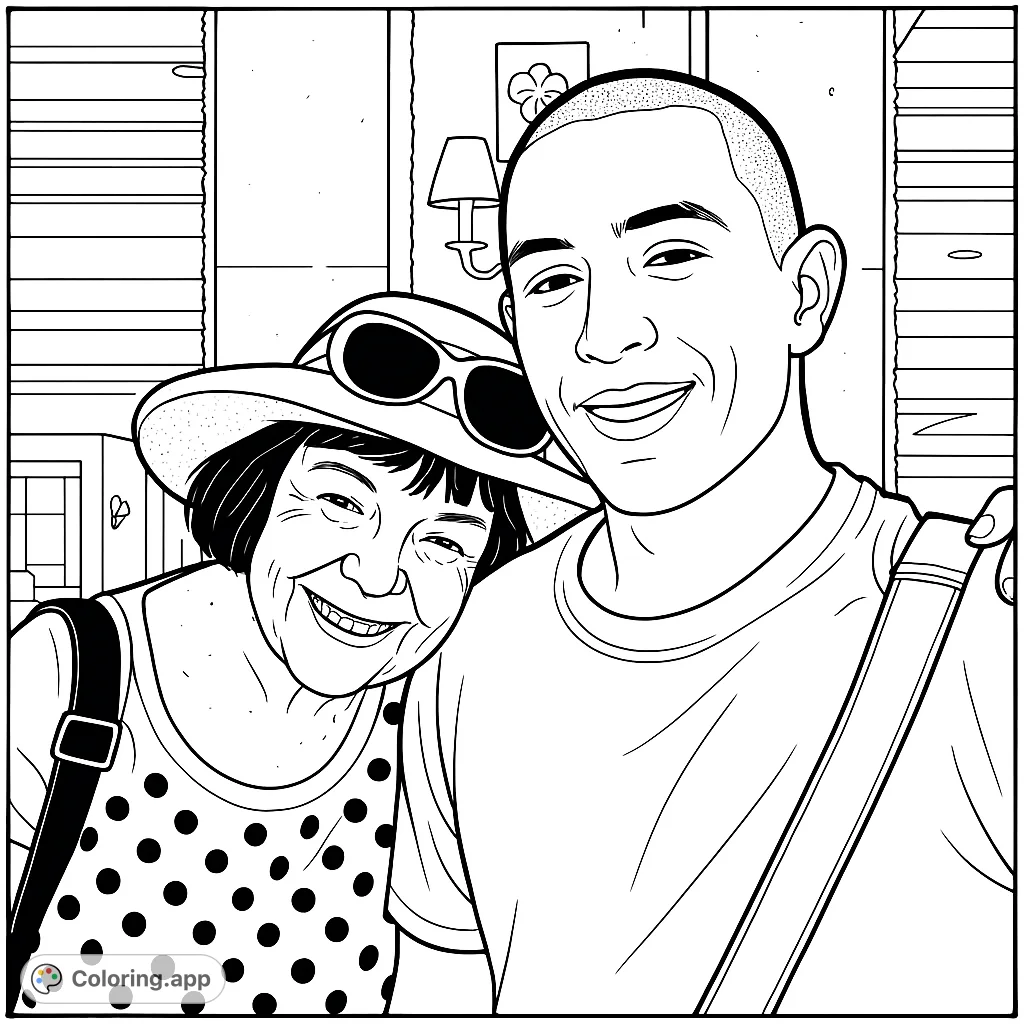 Capture a heartwarming moment with this smiling duo portrait coloring page. Features an older woman and younger man in a cozy pose.