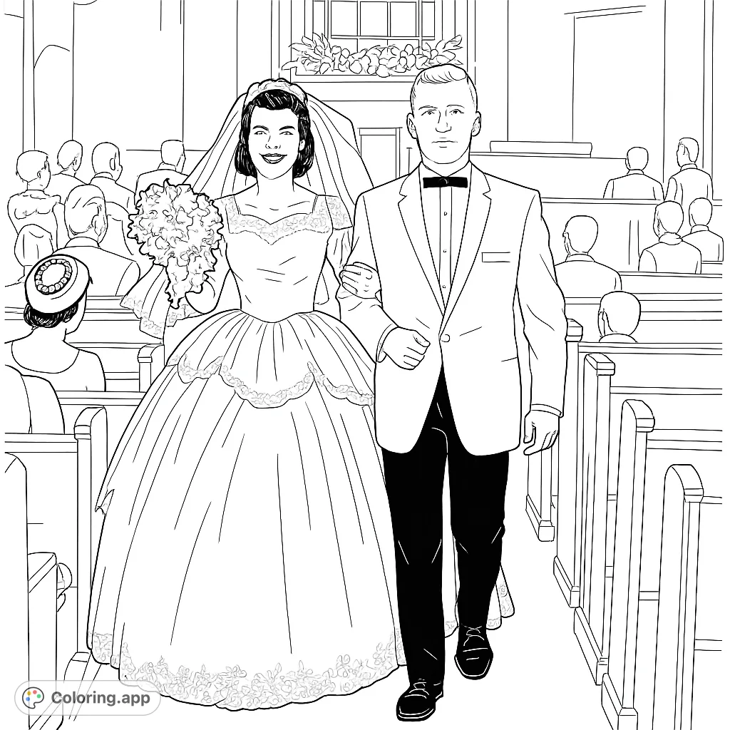 A beautiful bride and groom walk down the aisle, ready to be colored. Celebrate love and special moments with this elegant wedding scene.