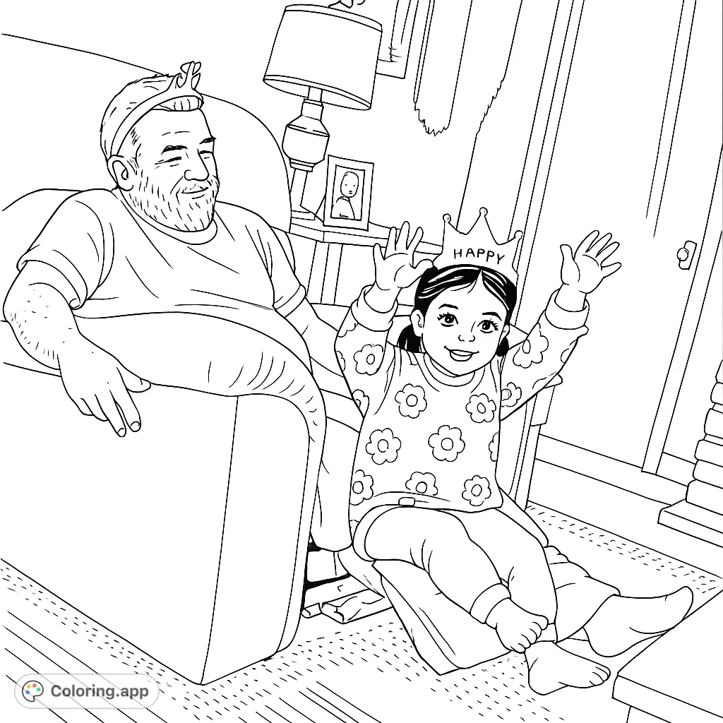 A heartwarming coloring page featuring a grandparent and child celebrating, both wearing festive headwear. Perfect for family fun and creative expression.