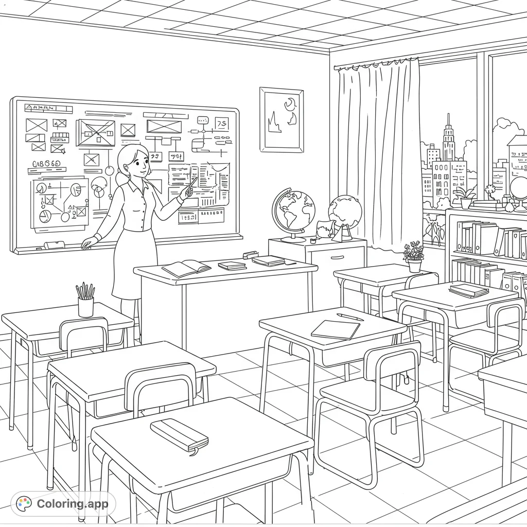 A detailed English teacher coloring page featuring a female educator in a classroom setting, perfect for learning and creativity.