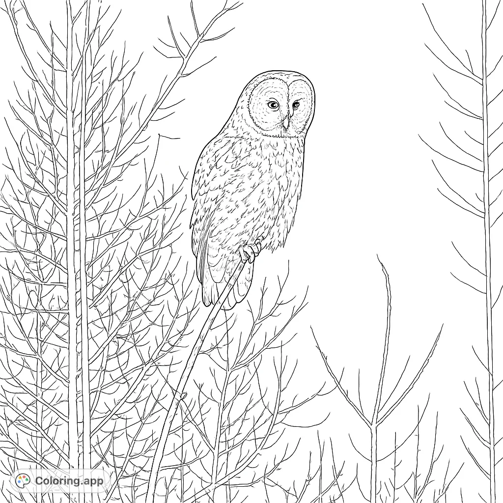 A detailed owl perched on a tree branch, set against a clear sky with intricate bare branches. Perfect for nature lovers and bird enthusiasts.