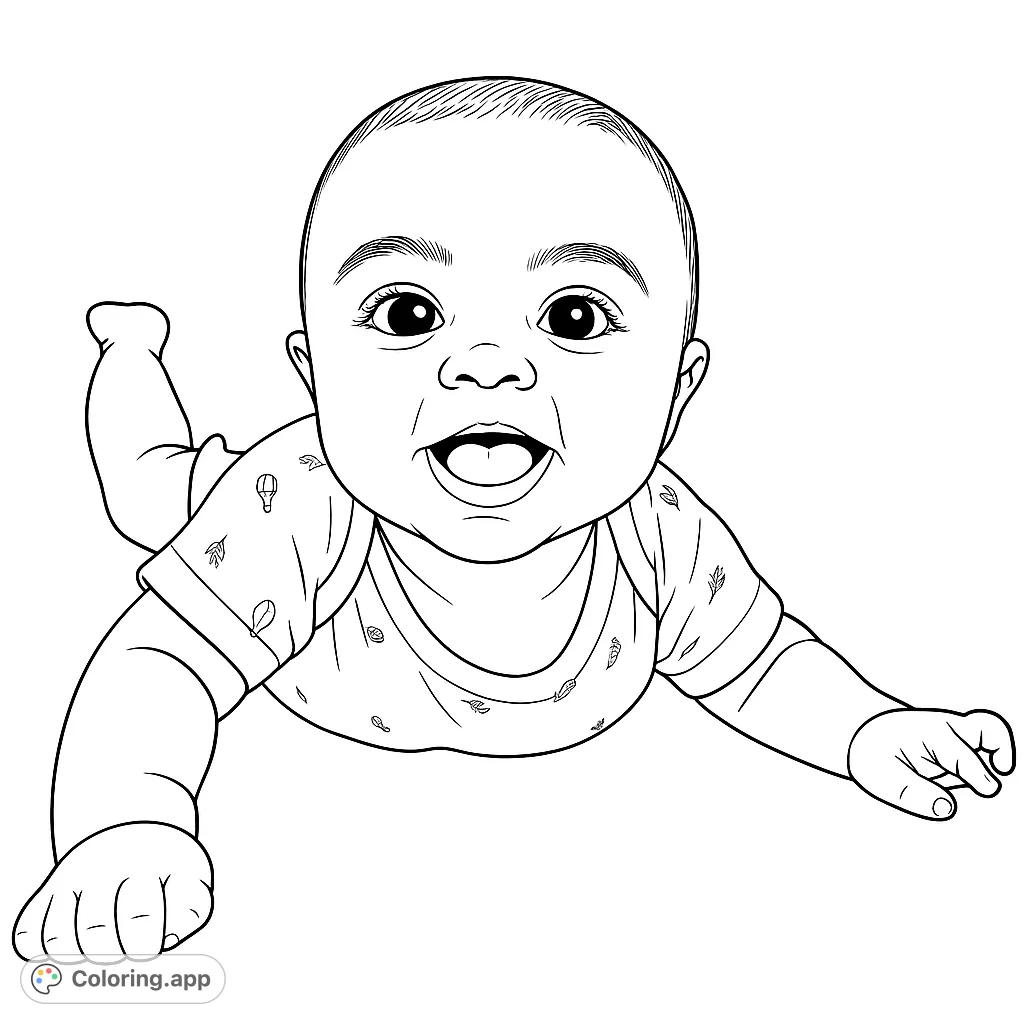 A delightful baby coloring page, perfect for capturing innocence and joy. Features a happy infant in a onesie, ready for your creative touch.