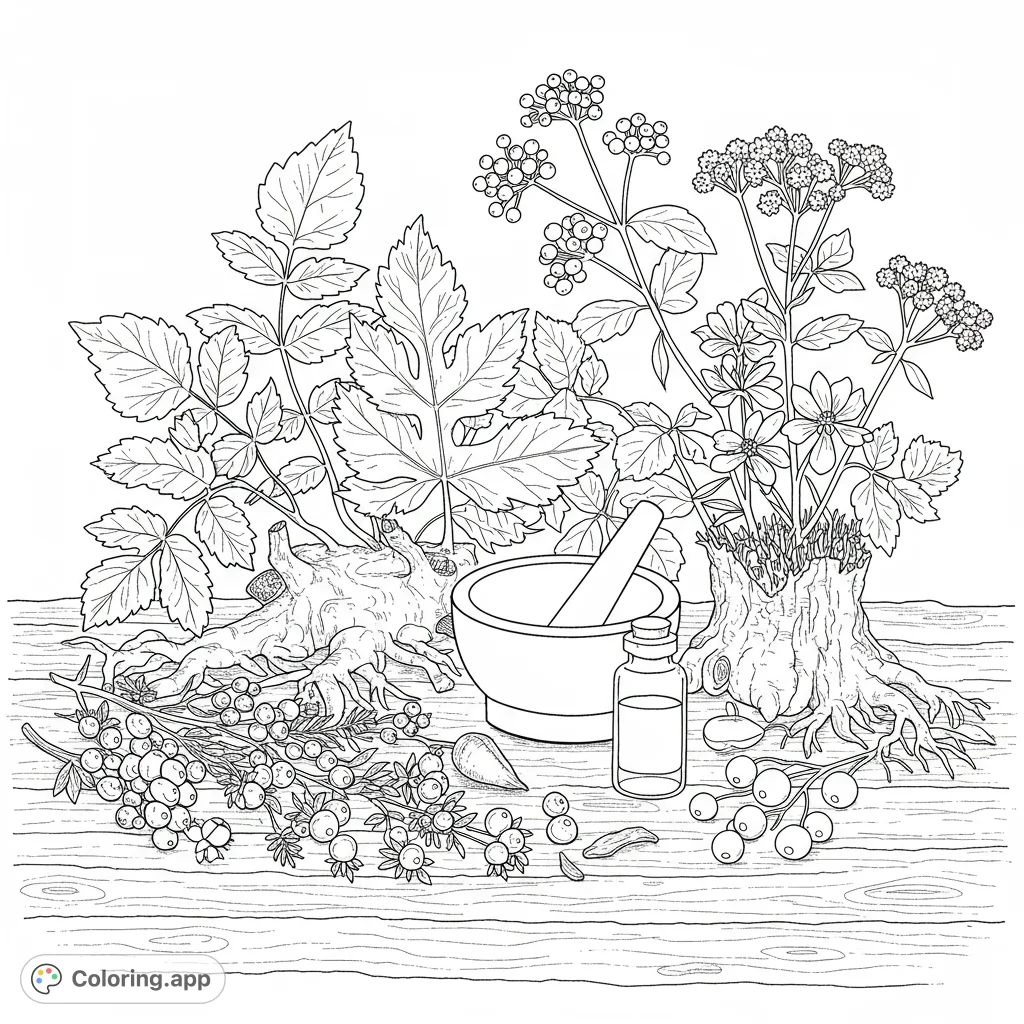 Explore a detailed herbal medicine coloring page featuring various plants, roots, and traditional tools. Perfect for botany enthusiasts.