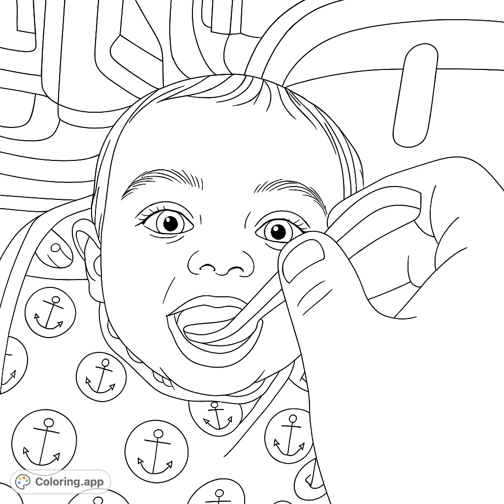 Capture the joy of a baby's mealtime with this adorable coloring page. Features a happy baby, a feeding spoon, and a cute anchor-patterned bib.