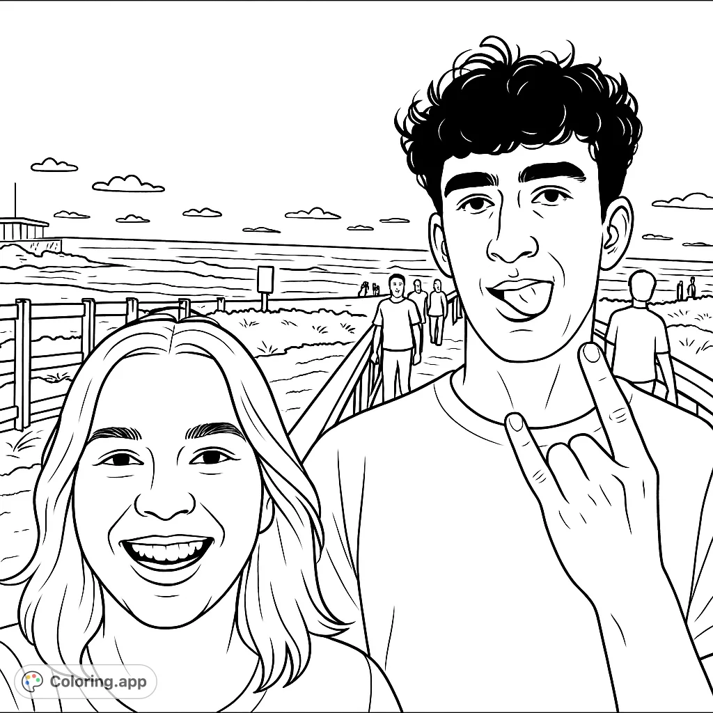 Capture the joy of friends on a coastal boardwalk at sunset. Features two playful individuals and a scenic beach background with a pier.